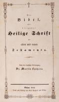 Die Bibel, oder die ganze Heilige Schrift des alten und neuen Testaments. Nach der deutschen Übersetzung Dr. Martin Luthers. Güns, 1844, Carl Reichard und Söhne. Egészbőr kötés, gerincnél szakadt, sérült, kopottas állapotban.