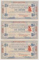 Fülöp-szigetek/Bacolod/Negros Occidental Provincial Currency Committee 1942. 5c (3x) sorszámkövetők T:I- Philippines/Bacolod/Negros Occidental Provincial Currency Committee 1942. 5 Nentavps (3x) sequential serials C:AU