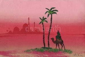 Arabic landscape with the silhouette of a mosque, palm trees, camel s: Irém (EK)