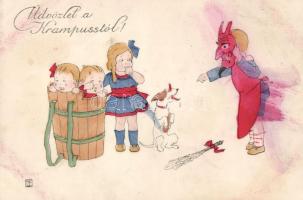 Krampus, hand-painted humourous postcard H.H.i.W. Nr. 1258 (fl)