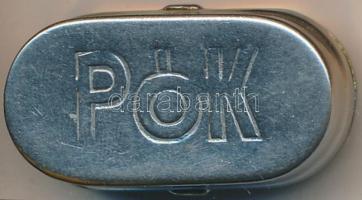 Korabeli két rekeszes érmeadagoló fém zsebkassza jó állapotban, érmékkel