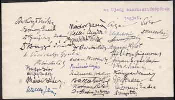 Az Ujság szerkesztőségi tagjainak, neves írók aláírása egy lapon: Márai Sándor, Szomory Emil, Vásárhelyi Gyula, Keller Andor, Barabás Béla, és más neves személyiségek aláírása