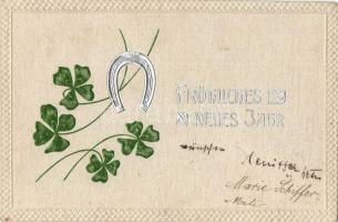 New Year, clover, horseshoe, silver decoration Emb. litho (EK)