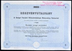 Budapest 1944. "Salgó-Tarjáni Kőszénbánya Részvény-Társulat" részvénye 30P-ről bélyegzéssel T:II