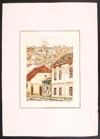 Takács Dezső (1933-): Havi hegy, Pécs. Színezett rézkarc, papír, jelzett, 33×26 cm