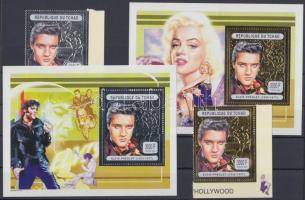 Elvis Presley corner silver and gold stamps + block pair, Elvis Presley ívsarki ezüst és arany színű bélyegek + blokkpár
