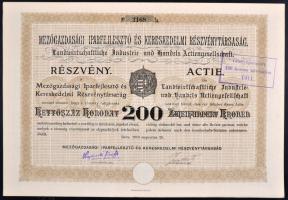 Déva 1910. "Mezőgazdasági Iparfejlesztő és Kereskedelmi Részvénytársaság" részvénye 200K-ról, szelvényekkel, szárazpecséttel és felülbélyegzéssel T:I