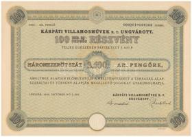 Ungvár 1940. "Kárpáti Villamosművek R.T. Ungvárott" részvénye 3500P-ről szelvényekkel T:I-