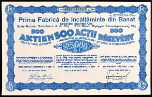 Kolozsvár 1938. "Első Bánáti Cipőgyár Részvénytársaság" részvénye 25000L-ről, szelvényekkel T:I