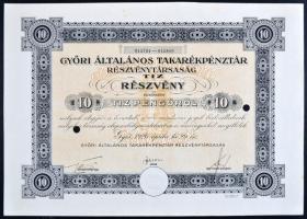 Győr 1926. "Győri Általános Takarékpénztár Részvénytársaság" részvénye 10P-ről, szárazpecséttel, lyukasztva T:II