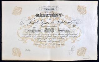 Arad 1920. "Aradi Ipar- és Népbank" részvénye 400K-ról, szárazpecséttel T:II-