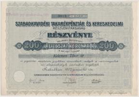 Szabadka 1907. "Szabadkavidéki Takarékpénztár és Kereskedelmi Részvénytársaság" részvénye 200K-ról szelvényekkel, pecsételéssel T:I-