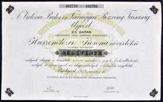 Budapest 1923. "A Victoria Bútor és Faárugyár Részvénytársaság" 25db részvénye összesen 25.000K-ról szelvényekkel T:I-