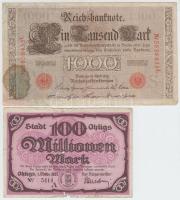 Német Birodalom/Császárság 1910. 1000M hétjegyű sorszám, piros pecsét + Német Birodalom / Weimari Köztársaság / Ohligs 1923. 100.000.000M T:III-  German Empire 1910. 1000 Mark 7 digit serial red seal + Germany / Weimar Republic / Ohligs 1923. 100.000.000 Mark C:VG