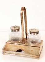 Régi fém asztali fűszertartó üveg só és borsszóróval