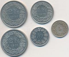 Svájc 1955B 5R Cu-Ni + 1990B 10R Cu-Ni + 1970. 1Fr Cu-Ni + 1988-1991B 2Fr Cu-Ni 1990B 10R Cu-Ni + 1970. 1Fr Cu-Ni + 1988-1991B 2Fr (2x) Cu-Ni T:2 Switzerland 1955B 5 Rappen Cu-Ni + 1990B 10 Rappen Cu-Ni + 1970. 1 Franc Cu-Ni + 1988-1991B 2 Franc Cu-Ni (2x) C:XF Krause KM# 26, KM# 27, KM# 24a.1, KM# 21a.3