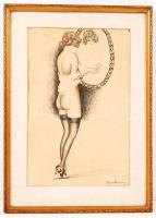 Eugen jelzéssel: Tükör előtt. Vegyes technika, papír, üvegezett keretben, 26×17 cm