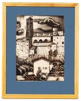 Molnár C. Pál (1894-1981): Mediterrán város. Fametszet, papír, jelzés nélkül, üvegezett keretben, 21...