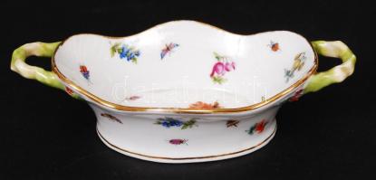 Herendi porcelán mini füles tálka, egyik füle ragasztott, jelzett, 12x8x3 cm