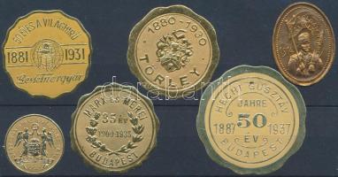 6 db aranyfóliás pecsétbélyeg, többnyire reklám, pl. Törley, Gesztenyegyár stb.