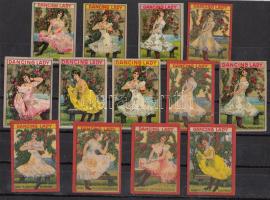 cca 1920 Táncoló hölgyek, dekoratív sokszínű gyufacímkék, 13 db