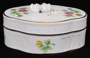 Hollóházi rózsás bonbonier, matricás, jelzett, hibátlan, 16×11 cm / Chinaware bonbonier in flawless condition  16x8x11cm