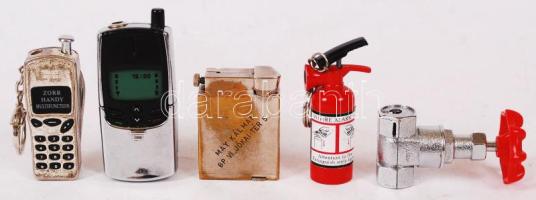 5 db különböző öngyújtó (közte mobiltelefon, csaptelep, poroltó formájúak)