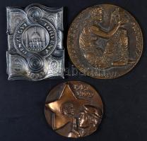 Németh Mihály (1926-) "Városfejlesztésért 1980" Br plakett (117mm) + 1979. "Pénzügyi törvény" fém plakett (120x88mm) + 1979. "1919-1979" Br plakett (89mm) T:2
