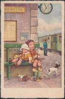 Gyermekek a vasútállomáson, Erika Nr. 1140. Children, the railway station, Erika Nr. 1140.