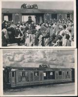2 db RÉGI vonat motívumú képeslap; 1038-1938 Szent István Jubileumi év, Országjáró Szent Jobb aranyvonata 'vissza' So. Stpl / 2 old motive card; train; Hungarian Gold Train 'vissza' So. Stpl