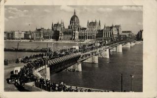 1954 Budapest, Kossuth híd, Parlament, automobile, uszály (EB)
