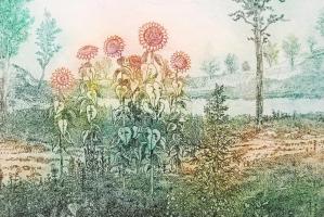 Gross Arnold (1929-): Napraforgók. Színes rézkarc próba, papír, jelzett, 22,5×33,5 cm