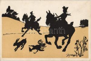 Hunters on horse silhouette, rabbit, rooster, B.K.W.I. 4714-5 s: Schönpflug (wet corner)