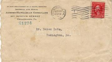 1914 A Philadelphiai osztrák konzulátus levele a háborúba jelentkező amerikai magyar önkéntesnek, bo...