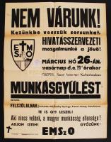 cca 1930-1940 EMSzO (Egyházközségi Munkásszakosztályok) munkásgyűlésre felhívó plakát, 63x47 cm