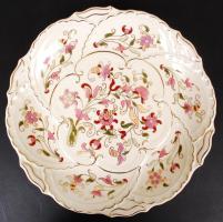 Zsolnay virág mintás falitányér, kézzel festett, jelzett, hibátlan, d:30 cm