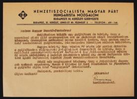 cca 1940 A Nemzetiszocialista Magyar Párt Bp. IX. kerületi vezetőjének gépelt levele