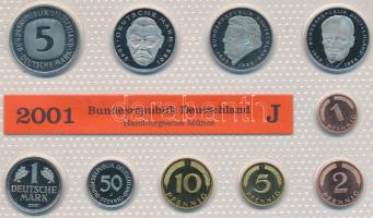 Németország 2001J 1Pf-5M 10klf db, benne 3klf 2M, forgalmi szett laminált tokban T:PP Germany 2001J 1 Pfennig - 5 Mark, 10 different with 3 different 2 Mark, coin set of the Bundesrepublic Deutschland in laminated packing C:PP