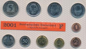 Németország 2001F 1Pf-5M 10klf db, benne 3klf 2M, forgalmi szett laminált tokban T:1,2 Germany 2001F 1 Pfennig - 5 Mark, 10 different with 3 different 2 Mark, coin set of the Bundesrepublic Deutschland in laminated packing C:UNC,XF