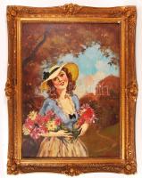 Illencz Lipót (1882-1950): Lány virágokkal. Olaj, vászon, sérült antik keretben, 80×60 cm