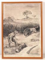 Rasovszky jelzéssel: Szorult helyzet. Szén, papír, üvegezett keretben,48×34 cm