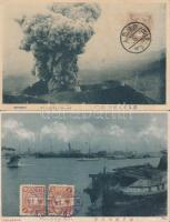 2 db RÉGI japán városképes lap; Mount Kirishima, Port of Kobe / 2 old Japanese town-view postcards; Mount Kirishima, Port of Kobe