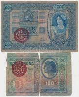 1902. 1000K + 1904. 10K + 1912. 100K + 1913. 20K mindegyik piros "Magyarország" felülbélyegzéssel T:vegyes