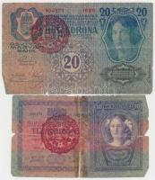1902. 1000K + 1904. 10K + 1912. 100K + 1913. 20K mindegyik piros "Magyarország" felülbélye...