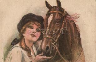 Lady and horse, A.R. & C.i.B. No. 1357/3. artist signed, Hölgy lóval, A.R. & C.i.B. No. 1357/3. művész aláírásával