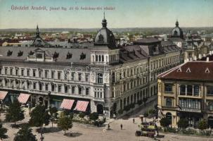 Arad, József főhercegi út, Andrássy tér, Első Magyar Általános Sörcsarnoki Étterem, autóbusz, kiadja Kerpel Izsó / street, square, restaurant, autobus (lyuk / pinhole)