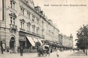 1906 Arad, Andrássy tér, Központi szálloda, Weinberger kávéház, Lengyel Lőrinc bútorgyár / square, hotel, cafe, furniture shop (szakadás / tear)
