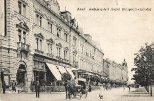 1906 Arad, Andrássy tér, Központi szálloda, Weinberger kávéház, Lengyel Lőrinc bútorgyár / square, hotel, cafe, furniture shop (szakadás / tear)