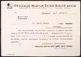 1943 Bp., Az Országos Magyar Zsidó Segítő Akció számára befizetett adományról szóló levél