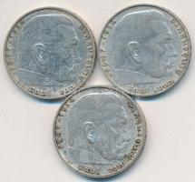 Német 3. Birodalom 1938E,F,J 2M Ag "Hindenburg" (3x) T:2,2-
German Third Reich 1938E,F,J 2...